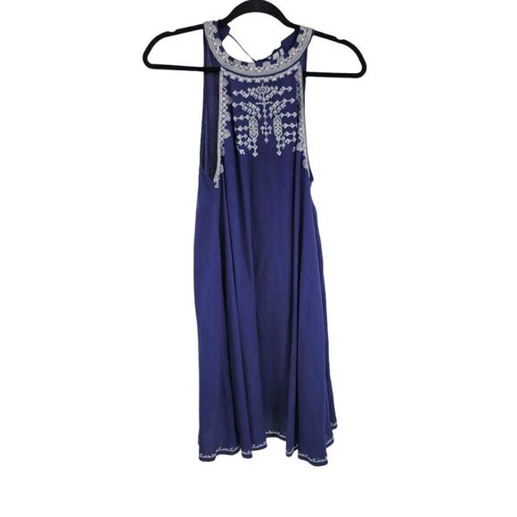 Dress Boho Halter Tie Back Swing Shift Sleeveless Knee Embroidered Navy Sz S - Picture 5 of 9